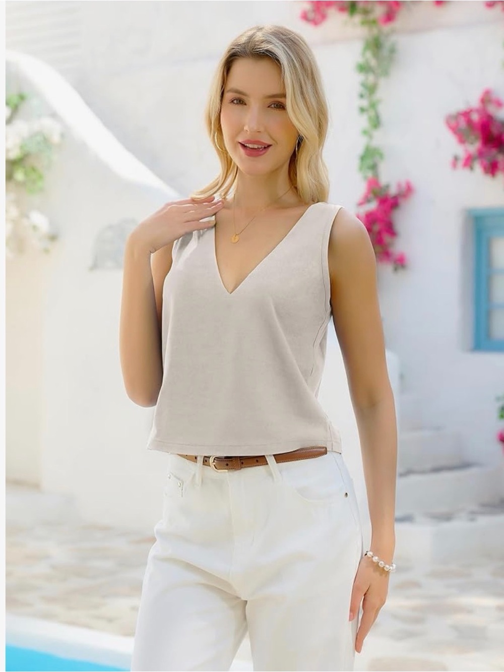 V-Neck Sleeveless Women's Top in Light Beige